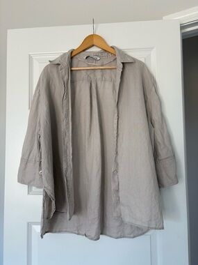 Zara 100% Linen Taupe Button-Front Shirt Women’s XL